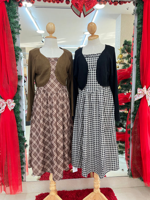 Women Gingham Checker Long Dress With Shrugs